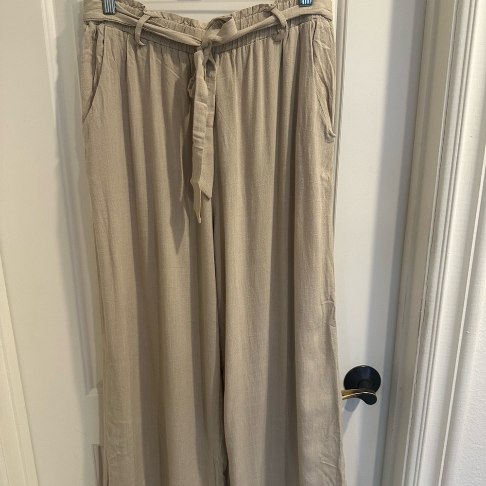 LuLaRoe Taupe Wide Leg Tie Pants with elastic waist size Medium - Picture 3 of 5